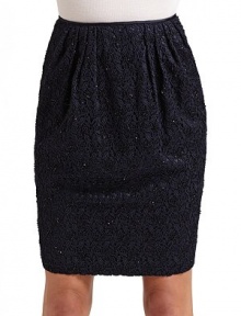 Exquisite floral lace is beautifully pleated and sprinkled with tonal beads for a hint of sparkle.Pleated front Slim waistband Back zipper with hook-and-eye Fully lined About 22 long 70% rayon/30% cotton; spot clean Imported Exquisite floral lace is beautifully pleated and sprinkled with tonal beads for a hint of sparkle.Pleated front Slim waistband Back zipper with hook-and-eye Fully lined About 22 long 70% rayon/30% cotton; spot clean Imported