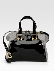 Shiny patent leather combines with ultra-luxe canvas in this tailored silhouette. Patent leather top handles, 5 dropAdjustable detachable patent leather shoulder strap, 18-24½ dropTop zip closureProtective metal feetTwo inside open pocketsFully lined12W X 10H X 6DMade in Italy Shiny patent leather combines with ultra-luxe canvas in this tailored silhouette. Patent leather top handles, 5 dropAdjustable detachable patent leather shoulder strap, 18-24½ dropTop zip closureProtective metal feetTwo inside open pocketsFully lined12W X 10H X 6DMade in Italy