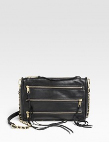Supple leather clutch with loads of zippy pockets to tuck under the arm or swing from the shoulder with detachable chain-and-leather crossbody strap.Crossbody strap, 23 drop Zippered top closure Three outside zip pockets Inside zip pocket, two open pockets Metal feet Cotton lining 11W X 8H X 2D Imported Supple leather clutch with loads of zippy pockets to tuck under the arm or swing from the shoulder with detachable chain-and-leather crossbody strap.Crossbody strap, 23 drop Zippered top closure Three outside zip pockets Inside zip pocket, two open pockets Metal feet Cotton lining 11W X 8H X 2D Imported
