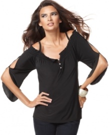 A peasant top with an edge from INC: sexy straps and split sleeves up the ante on a classic piece! Rhinestone buttons add a touch of sparkle.