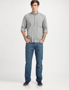 Versatile, in a refreshingly light blue wash, with slight tapering at the leg and novelty 3-D squiggle back pocket design for a signature, clean finish.Five-pocket styleInseam, about 32CottonMachine washMade in USA Versatile, in a refreshingly light blue wash, with slight tapering at the leg and novelty 3-D squiggle back pocket design for a signature, clean finish.Five-pocket styleInseam, about 32CottonMachine washMade in USA