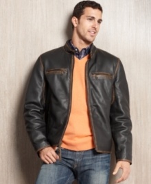 He's got the look. Get cool style that catches everyone's eye in this leather moto jacket from Marc New York. He's got the look. Get cool style that catches everyone's eye in this leather moto jacket from Marc New York.