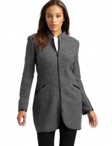 THE LOOKPiping trimStand collarFront zip closureVented cuffsDual besom pocketsTHE FITAbout 32 from shoulder to hemTHE MATERIALBody: virgin woolSecond fabric: polyesterCARE & ORIGINDry cleanImportedModel shown is 5'9 (175cm) wearing US size 4. THE LOOKPiping trimStand collarFront zip closureVented cuffsDual besom pocketsTHE FITAbout 32 from shoulder to hemTHE MATERIALBody: virgin woolSecond fabric: polyesterCARE & ORIGINDry cleanImportedModel shown is 5'9 (175cm) wearing US size 4.