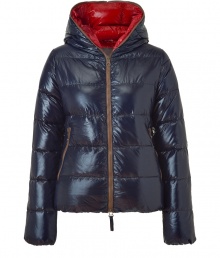 A sleek outer shell and vibrant contrast lining lend this Duvetica down jacket its sporty and stylish edge - In a lighter weight, wind- and water-resistant dark blue polyamide with brown trim - Slim cut tapers through waist and fits close to the body for extra warmth - Full zip, hood and oversize diagonal zippered pockets at front - Perfect for cold weather casual looks - Pair with denim, leggings and cords A sleek outer shell and vibrant contrast lining lend this Duvetica down jacket its sporty and stylish edge - In a lighter weight, wind- and water-resistant dark blue polyamide with brown trim - Slim cut tapers through waist and fits close to the body for extra warmth - Full zip, hood and oversize diagonal zippered pockets at front - Perfect for cold weather casual looks - Pair with denim, leggings and cords