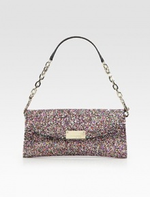 Make it an evening with this dazzling flap-front bag of glitter-encrusted cotton.Chain shoulder strap, 5¾ dropFlap snap closureOne inside zip pocketSix credit card slotsFully lined9¼W X 5¼H X 1DMade in Italy Make it an evening with this dazzling flap-front bag of glitter-encrusted cotton.Chain shoulder strap, 5¾ dropFlap snap closureOne inside zip pocketSix credit card slotsFully lined9¼W X 5¼H X 1DMade in Italy
