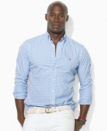 A handsome sport shirt is accented with Ralph Lauren's embroidered pony and tailored for a comfortable, classic fit in checked cotton broadcloth. A handsome sport shirt is accented with Ralph Lauren's embroidered pony and tailored for a comfortable, classic fit in checked cotton broadcloth.