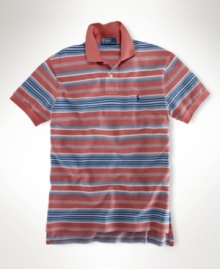 A classic-fitting short-sleeved striped polo shirt is constructed in smooth, breathable cotton mesh. (Clearance) A classic-fitting short-sleeved striped polo shirt is constructed in smooth, breathable cotton mesh. (Clearance)