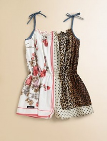 Bold leopard spots, pretty polka dots, feminine roses and durable denim all come together in a charming woven romper of cool cotton.Denim tie shoulder strapsSmocked ruffled necklineSleevelessElasticized pull-on waistDenim back patch pocketsCotton liningCottonMachine washImported Bold leopard spots, pretty polka dots, feminine roses and durable denim all come together in a charming woven romper of cool cotton.Denim tie shoulder strapsSmocked ruffled necklineSleevelessElasticized pull-on waistDenim back patch pocketsCotton liningCottonMachine washImported