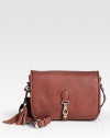 Messenger bag in leather with woven leather trim and tassels, metal G ornaments and light goldtone hardware.Single adjustable strap, 18-22 drop Flap and push lock closure Inside zip, cell phone and PDA pockets Four inside compartments Fully lined 11W X 7¾H X 6D Made in Italy