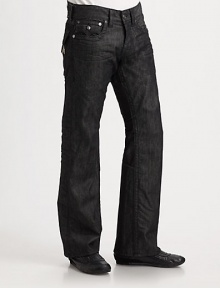 A relaxed fit with modern sensibilities, rendered with stitched flap pockets and occasional wrinkles in washed black denim. Five-pocket styleStitched flap back pocketsInseam, about 34CottonMachine washMade in USA A relaxed fit with modern sensibilities, rendered with stitched flap pockets and occasional wrinkles in washed black denim. Five-pocket styleStitched flap back pocketsInseam, about 34CottonMachine washMade in USA