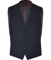 Exquisitely tailored for a flawless fit, Marc by Marc Jacobs pinstriped vest is a dressy staple guaranteed to give your look a seamlessly sophisticated edge - Buttoned front, iridescent back with adjustable belt - Contemporary tailored fit - Wear with an immaculately cut shirt and matching pinstriped trousers