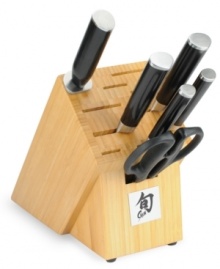 The sharpest knives on the block! Crafted from stainless steel with an impenetrable steel core, these traditional Japanese blades feature precision angling on each side, full tangs for incredible strength and balance and D-shaped ebony handles that feel just right in your hand. Organizing in a striking bamboo block, this set reimagines the way your kitchen works. Lifetime warranty. The sharpest knives on the block! Crafted from stainless steel with an impenetrable steel core, these traditional Japanese blades feature precision angling on each side, full tangs for incredible strength and balance and D-shaped ebony handles that feel just right in your hand. Organizing in a striking bamboo block, this set reimagines the way your kitchen works. Lifetime warranty.