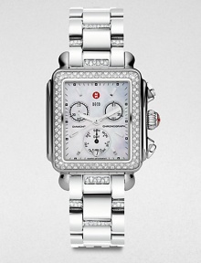 From the Deco Collection. A sparkling diamond accented timepiece with technical features in sleek stainless steel. Swiss quartz movementWater resistant to 5 ATMRectangular stainless steel case, 33mm (1.3) X 35mm (1.4)Diamond encrusted bezel, .66 tcwMother-of-pearl chronograph dialBar and dot hour markersDate display at 6 o'clockSecond hand Diamond accented stainless steel link bracelet, .2 tcw, 18mm (0.7)Imported From the Deco Collection. A sparkling diamond accented timepiece with technical features in sleek stainless steel. Swiss quartz movementWater resistant to 5 ATMRectangular stainless steel case, 33mm (1.3) X 35mm (1.4)Diamond encrusted bezel, .66 tcwMother-of-pearl chronograph dialBar and dot hour markersDate display at 6 o'clockSecond hand Diamond accented stainless steel link bracelet, .2 tcw, 18mm (0.7)Imported