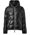 A sleek patina and cool contrast piping lend this Duvetica down jacket its sporty and stylish edge - In a lighter weight, wind- and water-resistant black polyamide with grey trim - Straight cut fits close to the body for extra warmth - Full zip, hood and oversize diagonal zippered pockets at front - Perfect for cold weather casual looks - Pair with jeans, chinos, cords and athletic pants