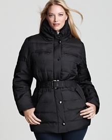 Cozy up to the chilly season with Portrait's belted puffer coat. A plush funnel collar lends added warmth. Cozy up to the chilly season with Portrait's belted puffer coat. A plush funnel collar lends added warmth.
