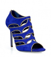 Show-stopping peep-toe heels in royal blue suede are modern and sophisticated with sexy cut-outs in a segmented design up the foot - Gold-colored trim - Height and design highlights the ankles and lengthens the leg - Short exposed zip at heel - Pair with cocktail dresses or a sexy silk jumpsuit for an electric downtown look