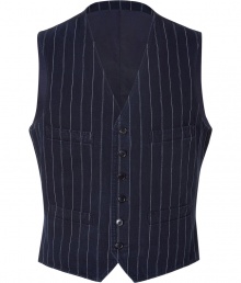 Add classic dandy style to your workweek attire with this sharp vest from Polo Ralph Lauren - V-neck, front button placket, two chest and waist welt pockets, front stripe print, solid back with adjustable belt - Style with a button down, jeans or trousers, and ankle boots Add classic dandy style to your workweek attire with this sharp vest from Polo Ralph Lauren - V-neck, front button placket, two chest and waist welt pockets, front stripe print, solid back with adjustable belt - Style with a button down, jeans or trousers, and ankle boots