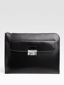 A slim-line case designed in micro diamante leather with a front pocket and palladium hardware. Zip closure Top handle Palladium hardware Front flap pocket with push-lock closure Interior zip pocket Pen, business card holders Front, interior zip pockets Suede lining 15W X 11H X 1.6D Made in Italy A slim-line case designed in micro diamante leather with a front pocket and palladium hardware. Zip closure Top handle Palladium hardware Front flap pocket with push-lock closure Interior zip pocket Pen, business card holders Front, interior zip pockets Suede lining 15W X 11H X 1.6D Made in Italy