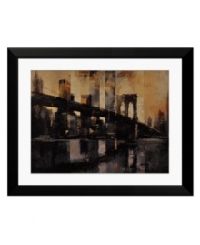 A New York icon, the Brooklyn Bridge adds a dark, mysterious air to modern homes. Black, gray and gold tones evoke summer sunsets over Lower Manhattan. A thick black frame and white mat maintain a cool, sleek aesthetic.