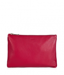 With a delicious shade of textural strawberry leather and streamlined shape, Jil Sanders zippered pouch is a chic choice for stashing away makeup essentials, or carrying alone as a clutch - Top zip, black lining - Carry for travel, or with bright printed cocktail frocks