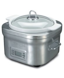 Set the time, then step away. De'Longhi's compact slow cooker does the work for you by cooking pot roast, stew or soup steadily for up to ten hours. Extended cooking brings out complex flavors and fork-tender meat for meals that are sure to impress. One-year warranty. Model DCP707. Set the time, then step away. De'Longhi's compact slow cooker does the work for you by cooking pot roast, stew or soup steadily for up to ten hours. Extended cooking brings out complex flavors and fork-tender meat for meals that are sure to impress. One-year warranty. Model DCP707.