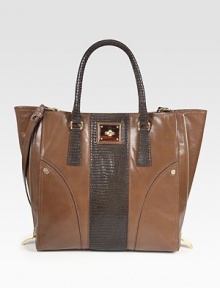 An extra roomy carryall made of soft leather, finished with luxe reptile-embossed accents and side zip gussets. Double top handles, 6½ dropDetachable shoulder strap, 18 dropTurn-lock closureOne outside open pocketOne inside zip pocketTwo inside open pocketsFully lined13¼W X 13½H X 3¼DImported An extra roomy carryall made of soft leather, finished with luxe reptile-embossed accents and side zip gussets. Double top handles, 6½ dropDetachable shoulder strap, 18 dropTurn-lock closureOne outside open pocketOne inside zip pocketTwo inside open pocketsFully lined13¼W X 13½H X 3¼DImported