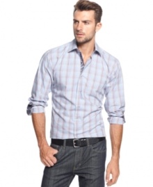 Get decked out in plaid perfection with this stylish button down shirt by Tallia Orange.