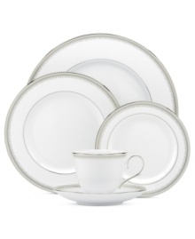 Spun with shimmering platinum, the Belle Haven serving bowl by Lenox has all the elegance of white china – with a playful twist! Delicate beading and a band of soft pewter add to its enchanting style. Spun with shimmering platinum, the Belle Haven serving bowl by Lenox has all the elegance of white china – with a playful twist! Delicate beading and a band of soft pewter add to its enchanting style.