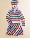 Vibrant stripes and an attached hood make this sweet knit an every day essential.Attached hoodLong sleevesPullover styleDrop-waist with elastic50% cotton/50% modalMachine washImported