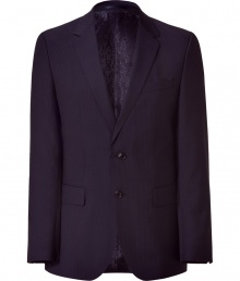 Inject urbane sophistication to your workweek style with this luxe wool pinstripe blazer from Baldessarini - Notched lapels, two-button closure, single chest pocket and two waist flap pockets, slim fit, pinstripe print - Style with matching pants, a printed button down, and classic lace up brogues