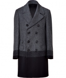 Stylish charcoal and black double-breasted wool coat - Make a statement in this sophisticated coat - Edgy color block ombre detail and sleek and flattering silhouette - Pair with straight leg jeans, a pullover, and a scarf for an on-trend look - Try with trousers, a button down, and a felt hat