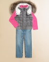 A luxurious design in wool flannel with a soft raccoon-trimmed hood.Stand-up collar Detachable fur-trimmed hood with snaps at neck Concealed front zip closure with buttons Logo patch on front Front snap slash pockets Wool Down fill Dry clean Imported of French fabric Fur origin: FinlandPlease note: Number of buttons/snaps may vary by size ordered. Additional InformationKid's Apparel Size Guide 