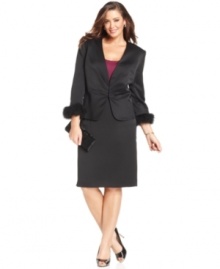 Tahari by ASL adds a festive touch to a plus size skirt suit with luxe feather cuffs. Perfect for the holidays and beyond.