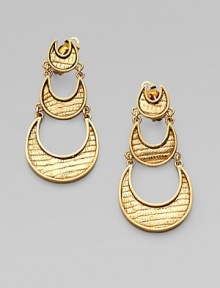 A lustrous piece with graduated textured crescents. 14k goldplated white metal alloy Drop, about 3 Clip back Made in USA A lustrous piece with graduated textured crescents. 14k goldplated white metal alloy Drop, about 3 Clip back Made in USA