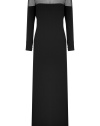 With sultry peek-a-boo panels and a dramatic floor-sweeping length, this luxe silk dress from Azzaro will amp up your black tie style - Round neck, long sleeves, sheer panels at neckline, shoulders, and back, straight silhouette, cascading draped overlay at back, maxi length - Wear with metallic sandals and an embellished clutch