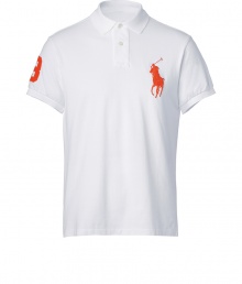 Detailed in breathable and durable cotton mesh, Ralph Laurens big pony polo is a cool modern take on this classic cut style - Small collar, button placket, short sleeves, oversized embroidered polo player at chest, number patch on sleeve, slit sides, high-low hemline - Classic fit - Wear with everything from jeans and sneakers to colored cords and loafers Detailed in breathable and durable cotton mesh, Ralph Laurens big pony polo is a cool modern take on this classic cut style - Small collar, button placket, short sleeves, oversized embroidered polo player at chest, number patch on sleeve, slit sides, high-low hemline - Classic fit - Wear with everything from jeans and sneakers to colored cords and loafers