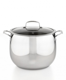 Kitchen stocked! Prep quick, dish it out & clean up easily with this stainless steel dishwasher-safe kitchen essential. With an aluminum encapsulated impact-bonded base, this pot heats up fast & evenly with a bell-shaped body that enhances moisture circulation for tender, flavor-rich results. Limited lifetime warranty. Kitchen stocked! Prep quick, dish it out & clean up easily with this stainless steel dishwasher-safe kitchen essential. With an aluminum encapsulated impact-bonded base, this pot heats up fast & evenly with a bell-shaped body that enhances moisture circulation for tender, flavor-rich results. Limited lifetime warranty.