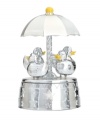 Get nesting. Four yellow-billed ducks go round and round on a musical carousel that's covered in shiny stars, glistening in silver plate and utterly adorable for a baby's bedroom. A cute gift from Reed & Barton.