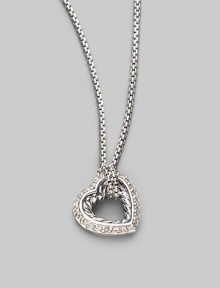 From the Cable Heart Collection. A petite heart of cabled sterling silver, outlined in pavé diamonds on a silver box chain. Diamonds, 0.19 tcw Sterling silver Chain length, about 16 Pendant length, about ½ Lobster clasp Made in USA From the Cable Heart Collection. A petite heart of cabled sterling silver, outlined in pavé diamonds on a silver box chain. Diamonds, 0.19 tcw Sterling silver Chain length, about 16 Pendant length, about ½ Lobster clasp Made in USA