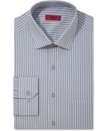 Lighten up your desktop demeanor in this grey-striped fitted dress shirt from Alfani.