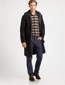 A classic silhouette gets a distinctively, modern look with this outerwear essential tailored in structured cotton for a streamlined, tailored fit.Zip-frontSnap button placketAttached hoodDrawstring waistChest, waist flap pocketsRear ventRemovable linerAbout 37 from shoulder to hemCottonDry cleanImportedThis style runs true to size. We recommend ordering your usual size for a standard fit. A classic silhouette gets a distinctively, modern look with this outerwear essential tailored in structured cotton for a streamlined, tailored fit.Zip-frontSnap button placketAttached hoodDrawstring waistChest, waist flap pocketsRear ventRemovable linerAbout 37 from shoulder to hemCottonDry cleanImportedThis style runs true to size. We recommend ordering your usual size for a standard fit.