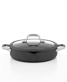 Easy cook, easy go! Perfect for prep, this hard-anodized aluminum vessel features etched interior fill lines that measure dry & wet ingredients to cut the guesswork out of cooking. Plus with convenient pour spouts and a tight-fitting tempered glass lid with silicone rim & built-in drain holes, this sauteuse guarantees less mess & more ease. Lifetime warranty. Easy cook, easy go! Perfect for prep, this hard-anodized aluminum vessel features etched interior fill lines that measure dry & wet ingredients to cut the guesswork out of cooking. Plus with convenient pour spouts and a tight-fitting tempered glass lid with silicone rim & built-in drain holes, this sauteuse guarantees less mess & more ease. Lifetime warranty.