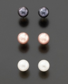 Cultured freshwater pearls are the perfect choice for so many occasions. This versatile earring set includes three subtle, luminous shades of white, pink and gray, to coordinate with virtually any attire or mood. Pearls measure 5.5 x 6mm and are mounted on post-style settings of 14K gold. Cultured freshwater pearls are the perfect choice for so many occasions. This versatile earring set includes three subtle, luminous shades of white, pink and gray, to coordinate with virtually any attire or mood. Pearls measure 5.5 x 6mm and are mounted on post-style settings of 14K gold.