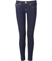 Elevate your go-to closet staples with these ultra-skinny jean leggings from True Religion - Five-pocket styling, logo detailed back flap pockets, dark wash denim with contrast stitching - Extra form-fitting - Style with sporty outerwear and shearling lined boots