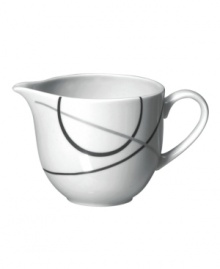 With a free-flowing circle design in shades of gray from Mikasa dinnerware, dishes like this bright white creamer add fun, contemporary appeal to any table. In ultra-durable porcelain. With a free-flowing circle design in shades of gray from Mikasa dinnerware, dishes like this bright white creamer add fun, contemporary appeal to any table. In ultra-durable porcelain.