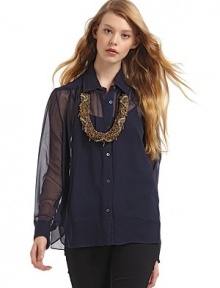 THE LOOKDetachable mixed-chain necklace with grosgrain ribbon tiesPoint collarSlightly pleated yokeButton frontLong sleeves with two-button cuffsShirttail hemTonal camisoleTHE FITAbout 26 from shoulder to hemTHE MATERIALSilkCARE & ORIGINDry cleanImported