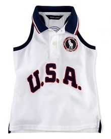 A red, white and blue design finished with U.S.A. patching and embroidered emblems gives a preppy all-American look to the classic sleeveless polo, celebrating Team USA's participation in the 2012 Olympics.