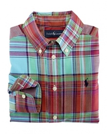 A preppy long-sleeved sport shirt is cut from woven cotton broadcloth in a vibrant plaid. A preppy long-sleeved sport shirt is cut from woven cotton broadcloth in a vibrant plaid.