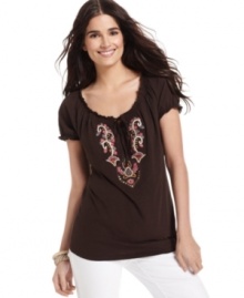 Style&co. adorns this petite top with bright embroidered detail at the chest and peasant-style details, like a smocked neckline and sleeves. Wear with jeans for a simple but stylish ensemble! Style&co. adorns this petite top with bright embroidered detail at the chest and peasant-style details, like a smocked neckline and sleeves. Wear with jeans for a simple but stylish ensemble!
