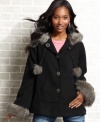 Designed with sumptuous faux-fur trims and a voluminous, a-line shape, Me Jane's hooded swing coat is one outdoor layer that's big on style!